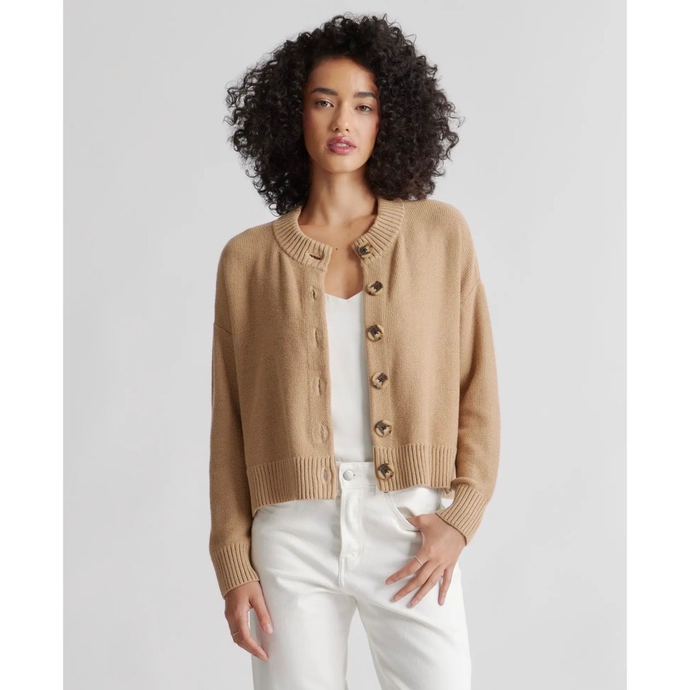 Quince 100% Organic Cotton Cropped Cardigan Sweater Tan Camel Button Front Sz M